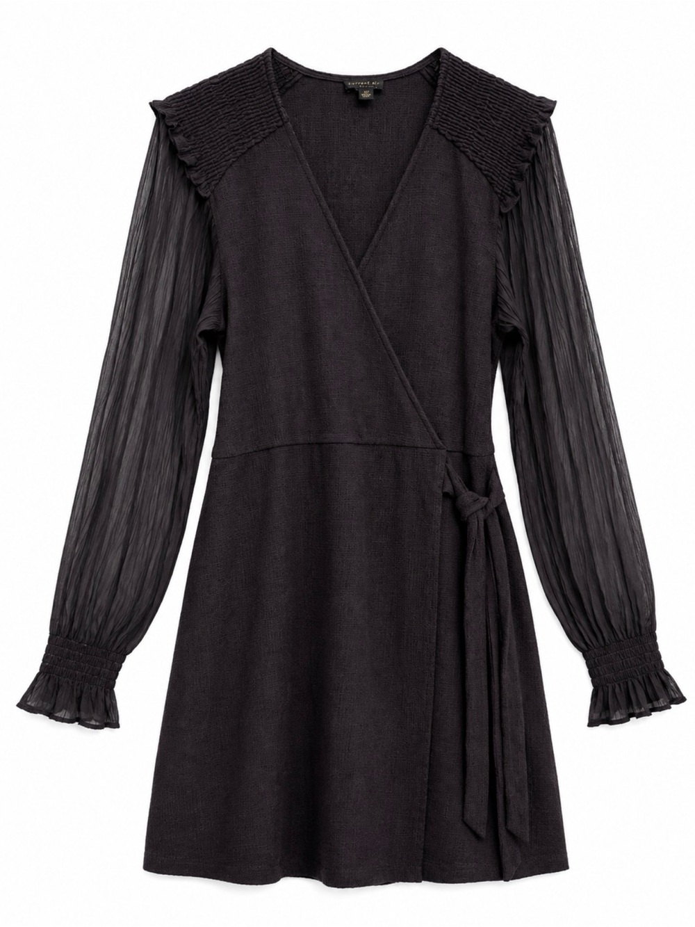 Current Air Black Long-Sleeve Wrap Dress with Sheer Pleated Sleeves